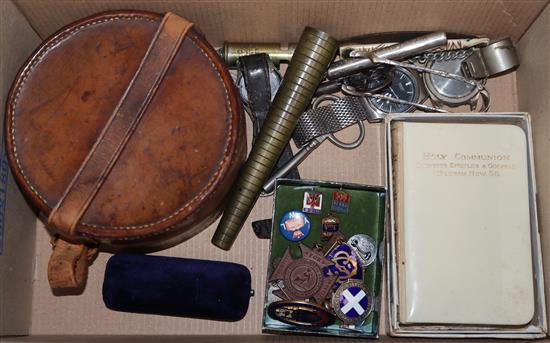 Assorted curios including silver nurses badge and other badges, leather collar box, bible, bone knife etc.